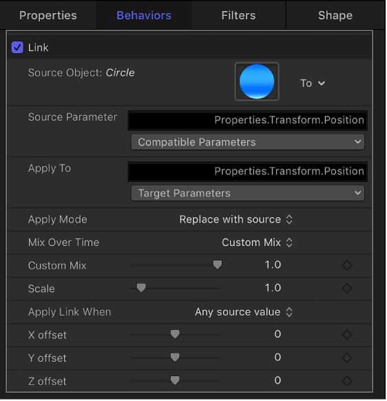Inspector showing Link behavior