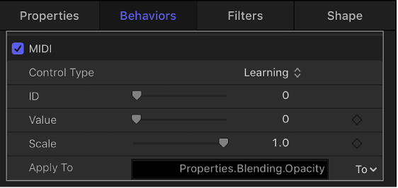 Behaviors Inspector showing Midi behavior settings