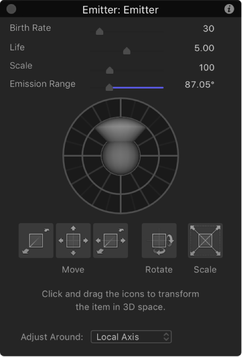 HUD showing emitter controls when Adjust 3D Transform tool is selected