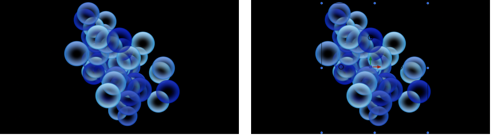 Canvas and Inspector showing particle system set to Pick From Color Range and the gradient used to determine colors