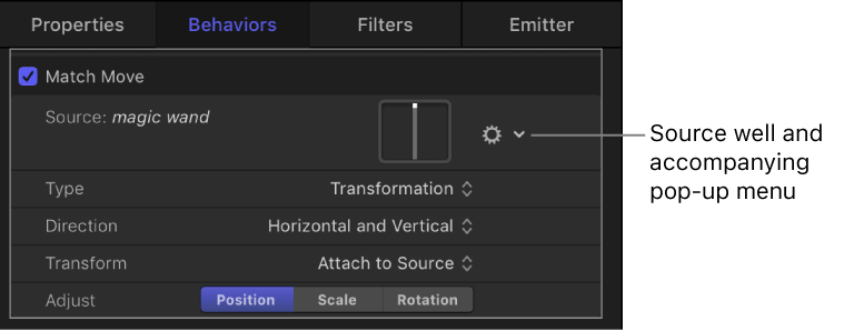 Inspector showing Match Move behavior settings