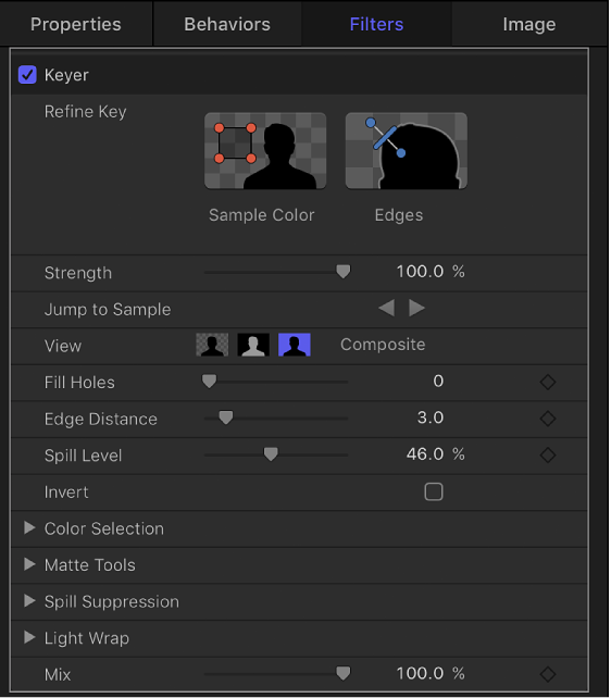 Parameters in the Keyer filter