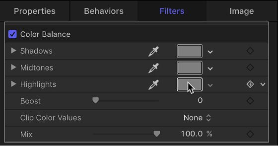 Color Balance filter parameters