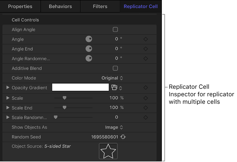 Replicator Cell Inspector showing cell-specific parameters