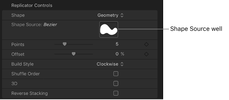 Replicator Inspector showing Shape Source well