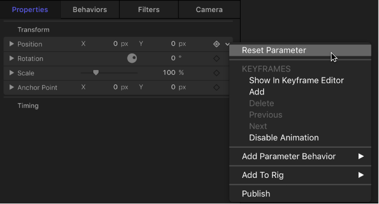 Reset Parameter menu option in the Animation menu