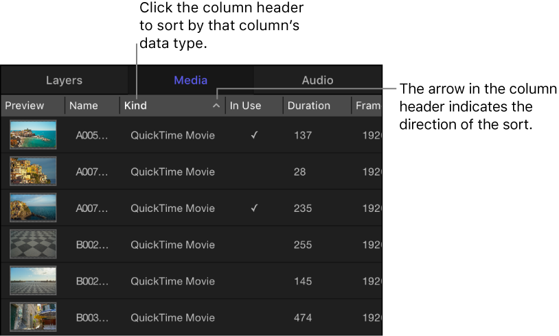 Column heading in the Media tab