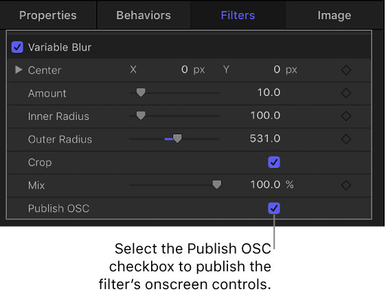 Filter Inspector showing Publish OSC checkbox