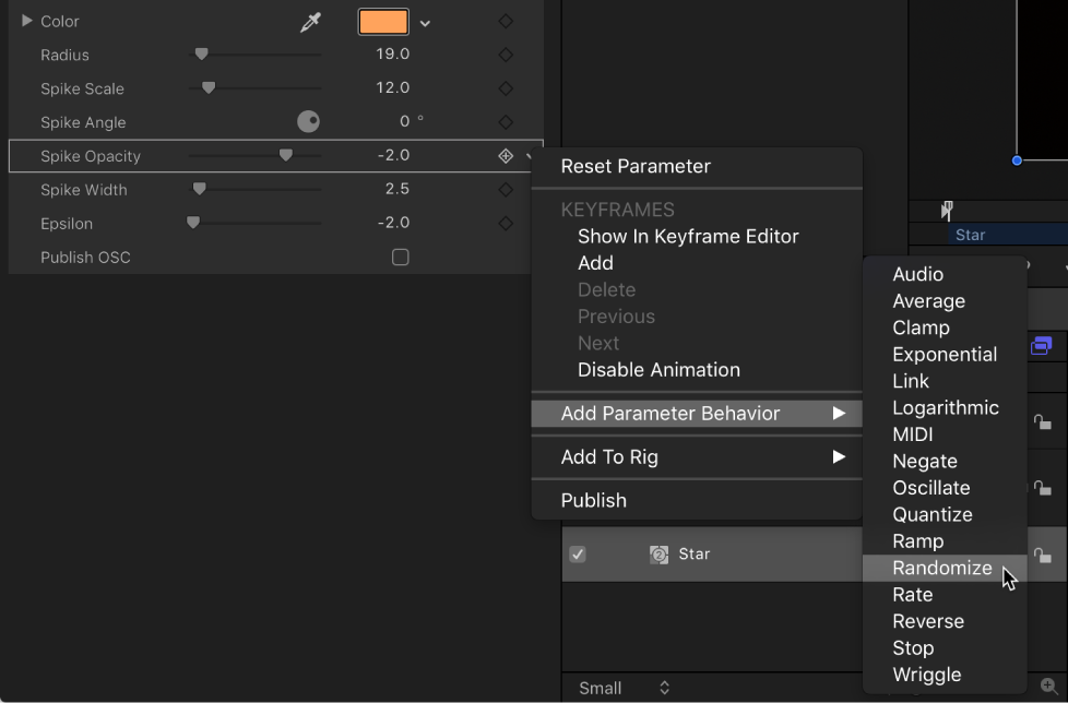 Generator Inspector showing shortcut menu of parameter behaviors
