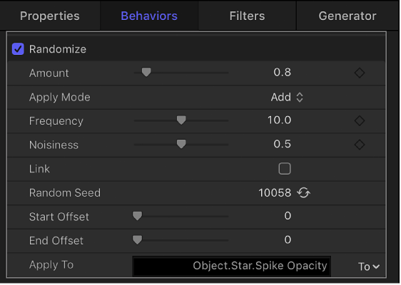 Behaviors Inspector showing the Randomize behavior controls