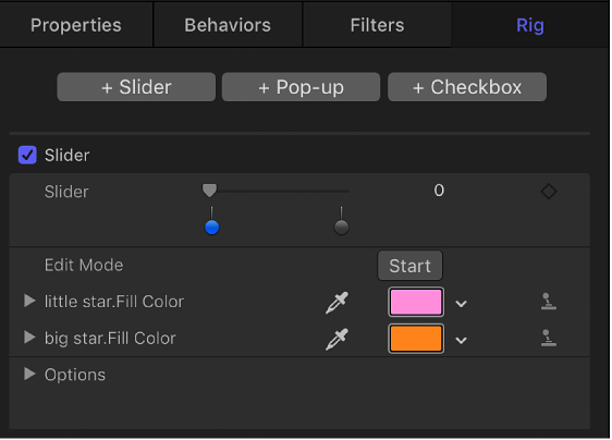 Inspector showing Rig controls