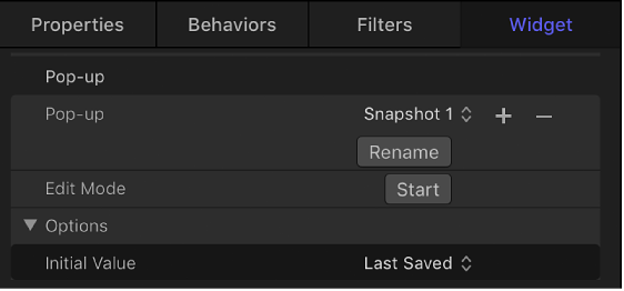Widget Inspector showing Pop-up parameters