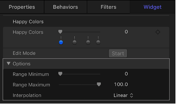 Inspector showing snapshot tags on slider widget