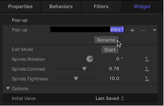 Inspector showing pop-up widget menu item Rename button