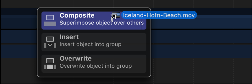 Timeline drop menu showing options