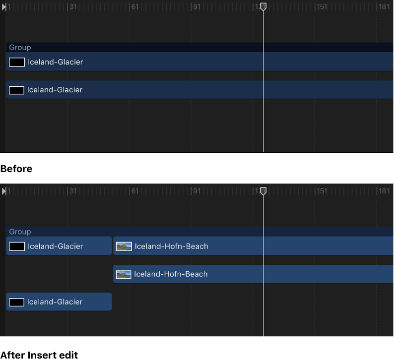 Timeline showing an object in a group, and an object inserted into that group