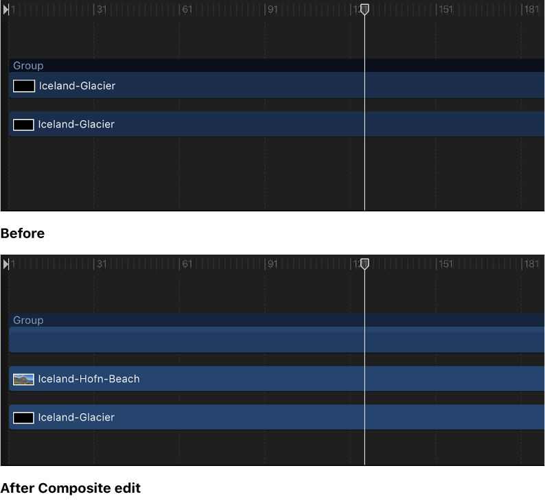 Timeline showing an object, and an object composited into a group