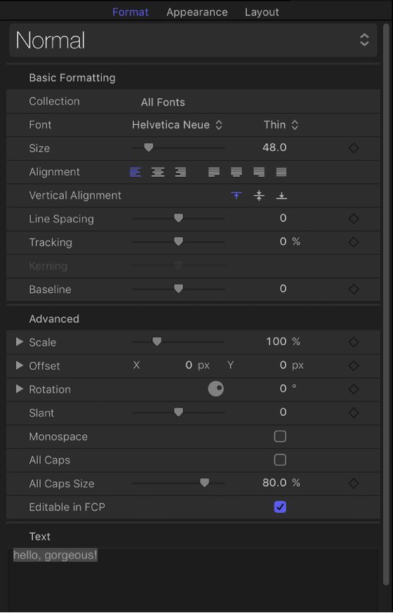 Format pane of Text Inspector