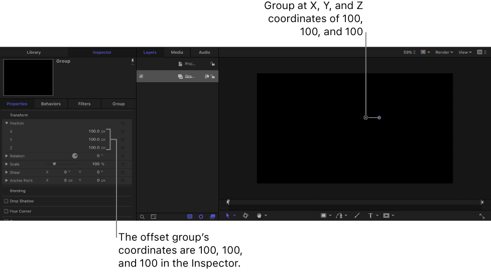 Canvas and Inspector showing group placed at coordinates: X = 100, Y = 100, Z = 100
