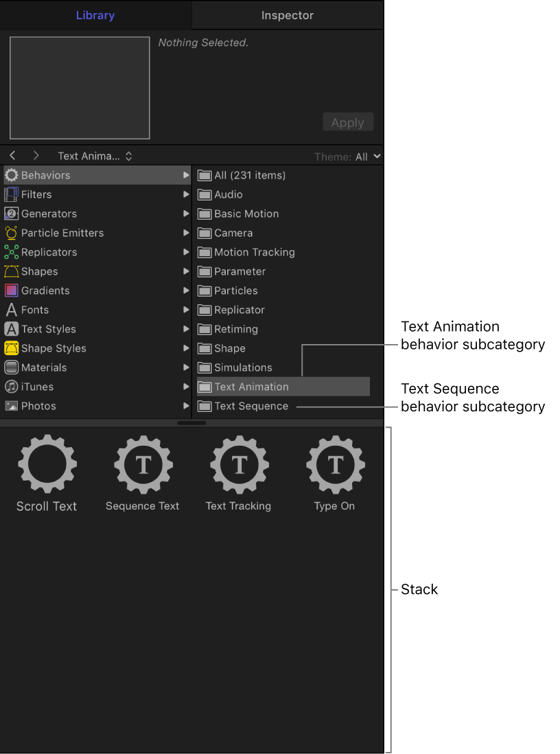 Library showing Text Animation behavior subcategory