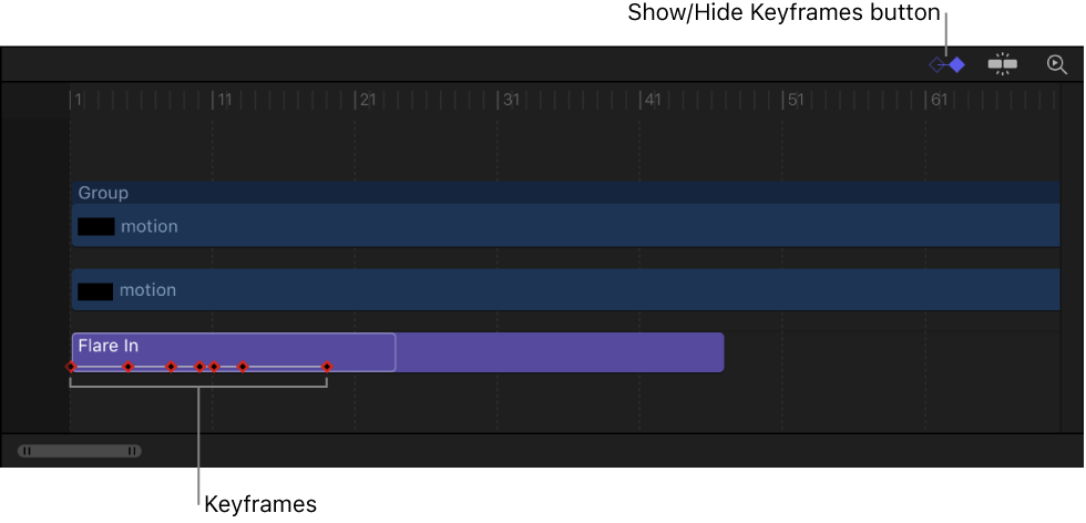 Timeline showing Show/Hide Keyframes button and visible keyframes in a text sequence behavior