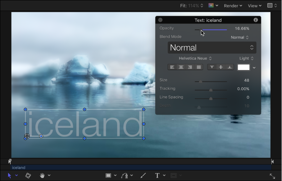 Canvas and HUD showing text object’s opacity at 56%