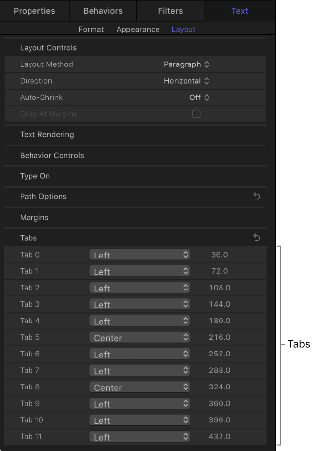 Text Inspector options for an imported RTF file with tabs