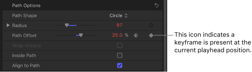 Text Inspector showing keyframe icon in Animation menu of Path Offset parameter