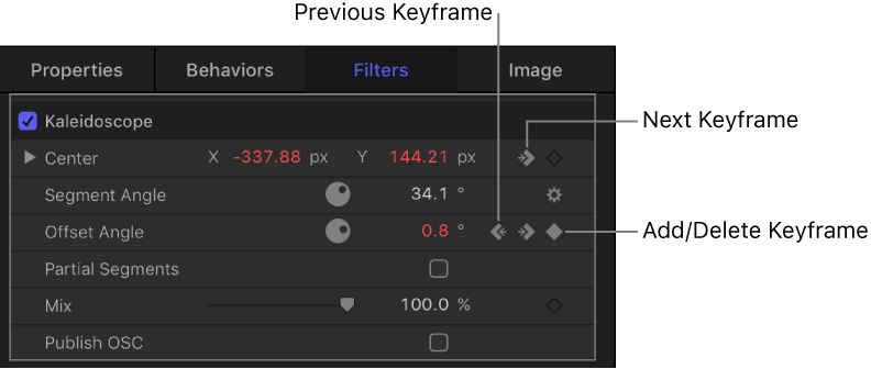 Inspector showing Previous Keyframe, Add/Delete Keyframe, and Next Keyframe controls