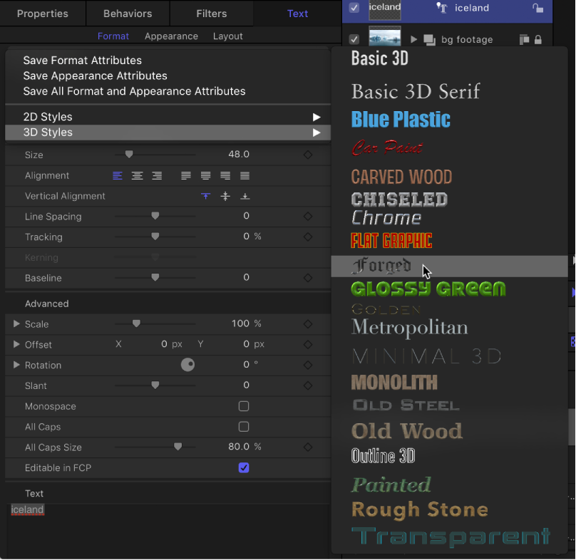 Inspector showing 3D Text Styles pop-up menu.