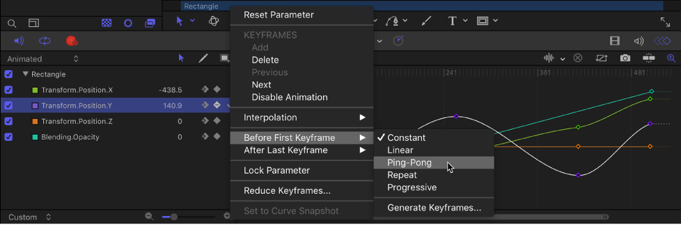 Keyframe Editor showing Before First Keyframe submenu of Animation menu