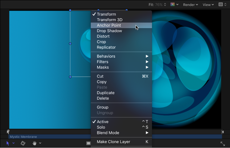 Shortcut menu in the canvas