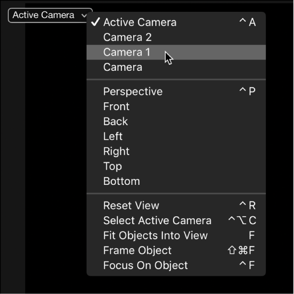 Choosing another scene camera from the Camera pop-up menu in the canvas