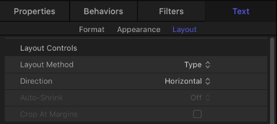 Layout Controls in the Layout pane of the Text Inspector