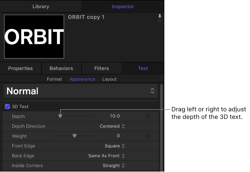 3D Text Depth parameter in the Appearance pane of the Text Inspector