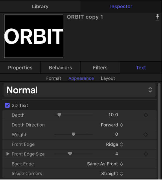 3D Text parameters in the Appearance pane of the Text Inspector