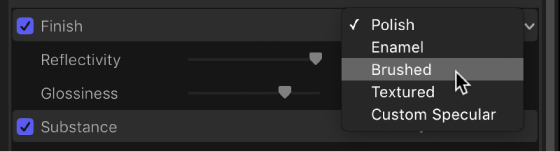 3D Text Inspector showing Finish pop-up menu