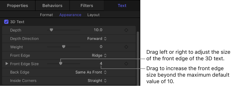 Front Edge parameters in the Appearance pane of the Text Inspector