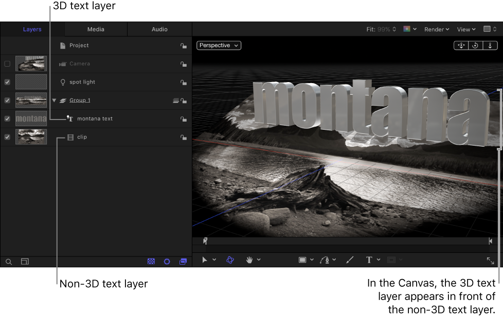 3D text layer above the non-3D text layer in the Layers list; non-3D text layer appears in behind the 3D text layer in the canvas.