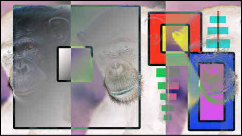 Canvas showing the boxes and the monkey blended using the Exclusion mode