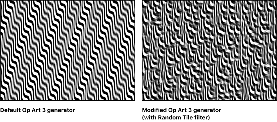 Canvas showing Op Art 3 generator alone and with Random Tile filter applied