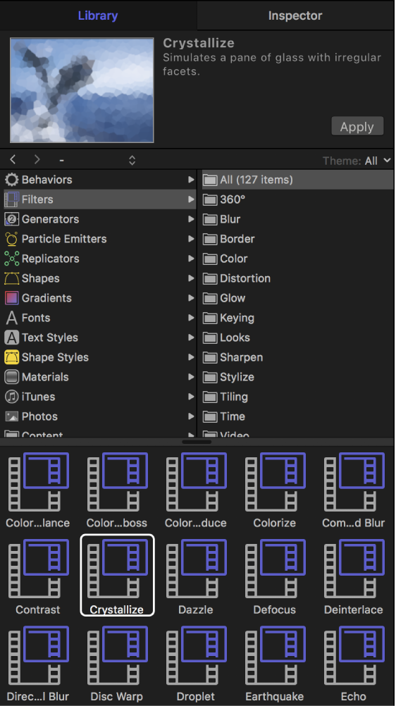 Library showing Filters categories