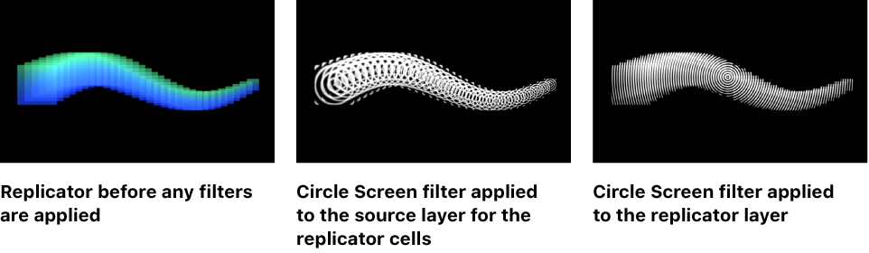 Canvas comparing replicators with filter applied to the source cell layer versus the replicator later