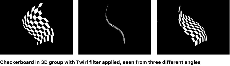 Canvas showing a checkerboard pattern in a 3D group with the Twirl filter applied