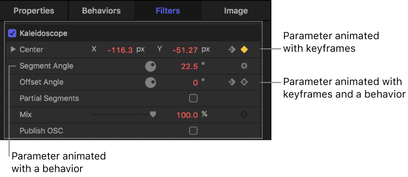 Inspector showing a parameter with keyframes applied, a parameter with a behavior applied, and a parameter with both a keyframes and a behavior applied