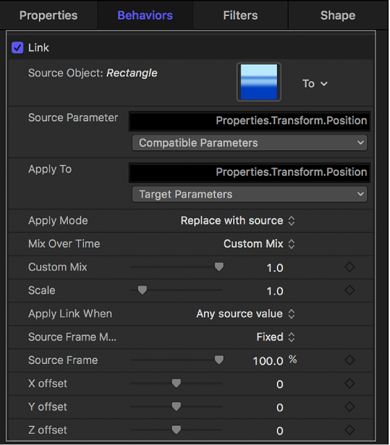 Inspector showing Link behavior