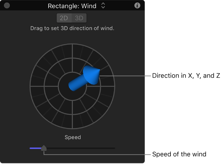 HUD showing special controls for Wind behavior in 3D mode
