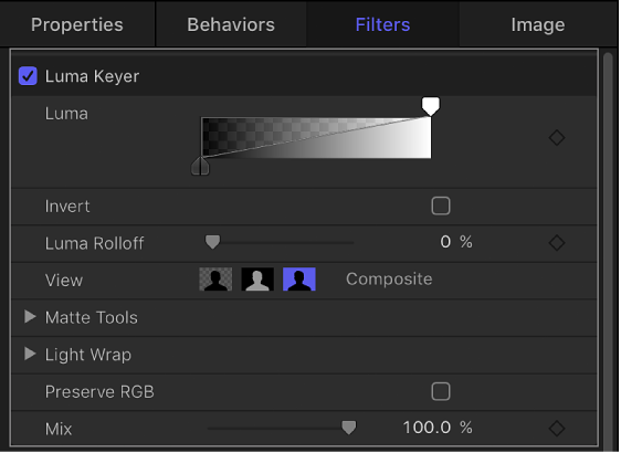 Controls of Luma Keyer filter