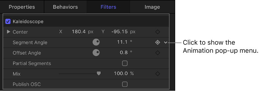 Small down arrow that represents Animation menu