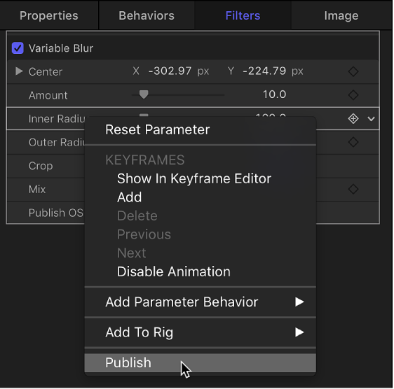 Publishing filter parameter from shortcut menu